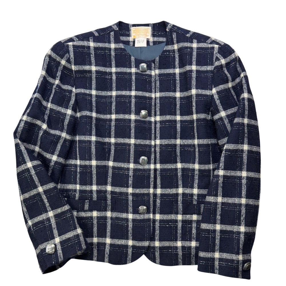 Pendleton Wool Blazer Vintage Jacket 12 Navy Blue Plaid‎ Button Up Classic Style